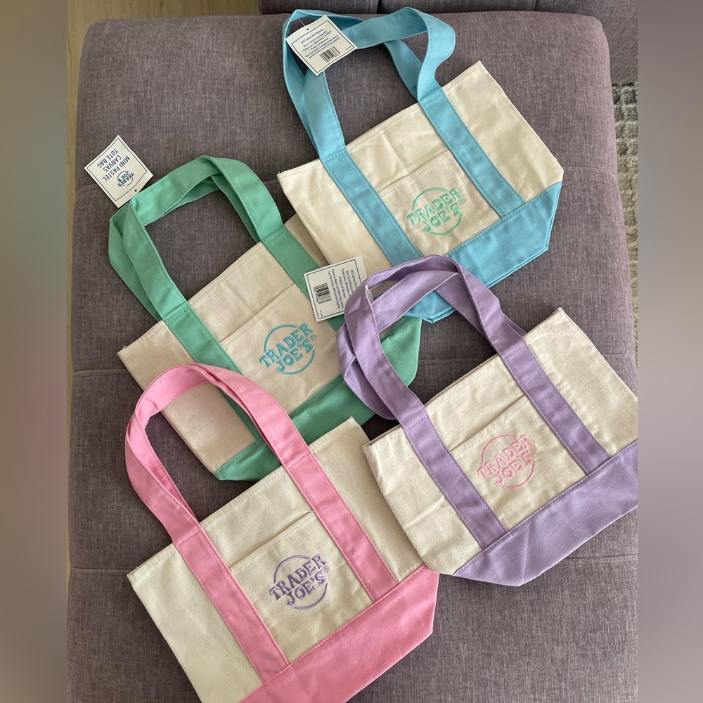 Trader Joe's Pastel Canvas Mini Tote Bag - Pink, Green, Blue, Lavender set of 4
